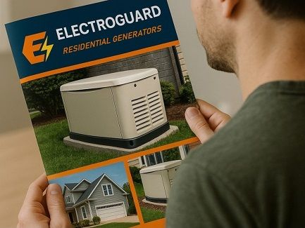 A man in a green T-shirt holding a marketing flyer for residential generators