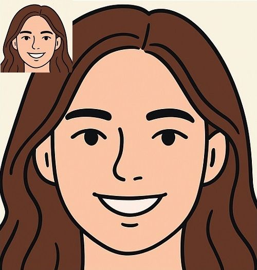 A small illustration of a woman's face next to an enlarged version of the same illustrationo
