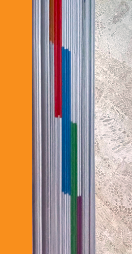 Edge view of a book with printed color bars on its pages