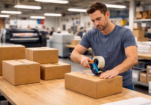 A male shipping department worker taping up boxes in a print shop