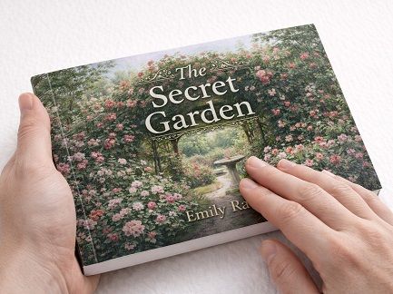 A book entitled The Secret Garden has a trellis and rose garden printed on the cover