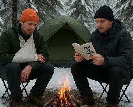 Two male campers sitting by a fire in front of their tent, one has his right arm in a sling and the other is reading a first aid guide