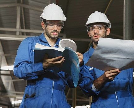 Two workers in hard hats reading diagrams in an industrial warehouse