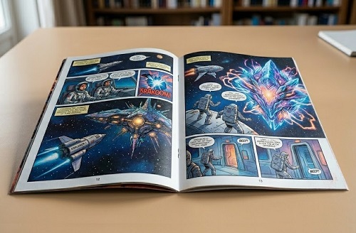 A colorful comic book about space exploration lying open on a wooden tabletop