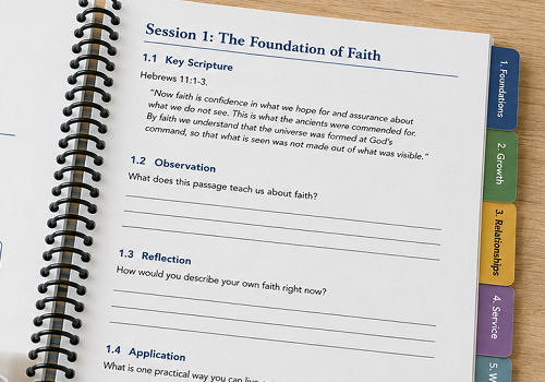 A spiral bound bible study guide with colorful section tabs