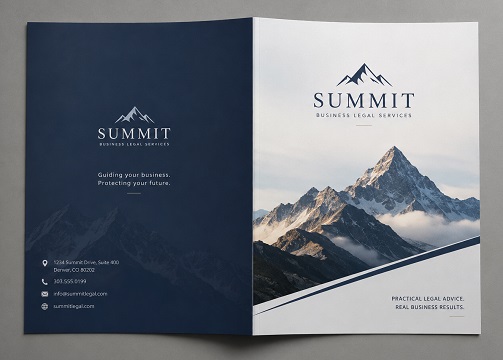 A brochure for Summit Legal Services featuring an image of a mountain peak  