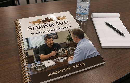 A spiral bound sales training manual lying on a conference table.