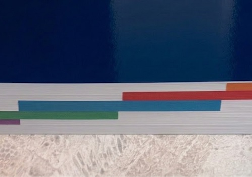 The edge of a thick softcover book with different colored bars  designating each section