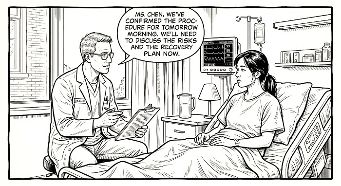 A black and white drawing of a doctor consulting with a young woman in her hospital room