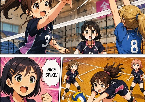 Comic book panels depicting teen girls playing volleyball