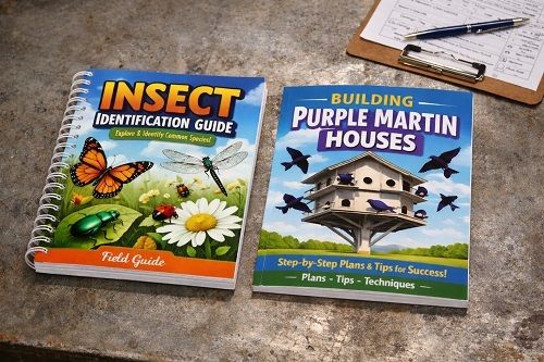A Wire-O bound insect guide and a Perfect Bound book about purple martins lying on a print shop's work surface.