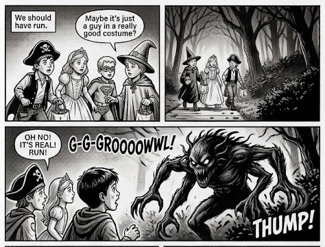 A grayscale image of costumed children being frightened by a monster on Halloween night. 