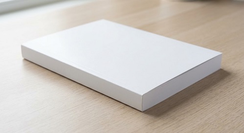 A perfect bound book dummy with blank pages and cover.