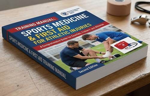A perfect bound book of sports medicine and first aid lying on an athletic trainer's table.