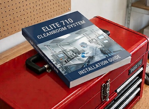 A Perfect Bound installation guide sitting atop a red toolbox.