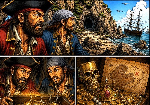 Comic book panels depicting two pirates locating a treasure chest 