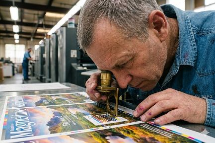 Print facility worker using a loupe to examine a press sheet