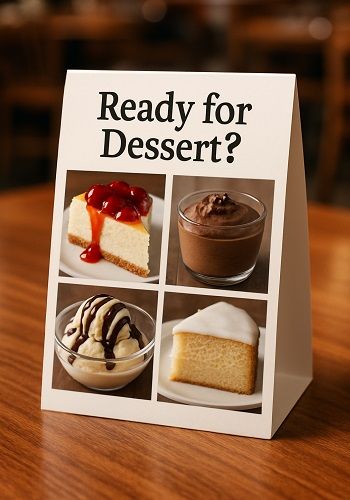 A table tent displaying various desserts sits on a wooden table in a restaurant