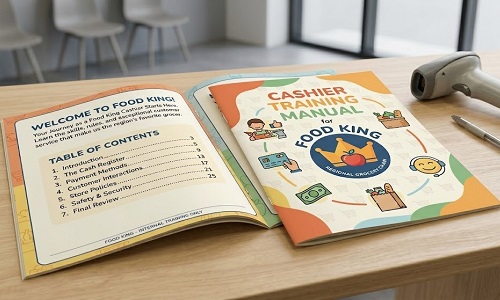 Two thin training manuals for supermarket cashiers lying on a wooden tabletop.