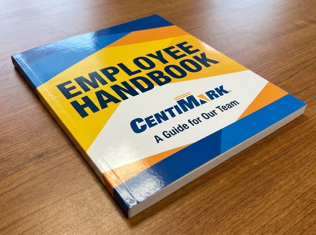 An employee handbook for the Centimark Company with a Gloss Laminate applied to the cover lying on a woodgrain tabletop.