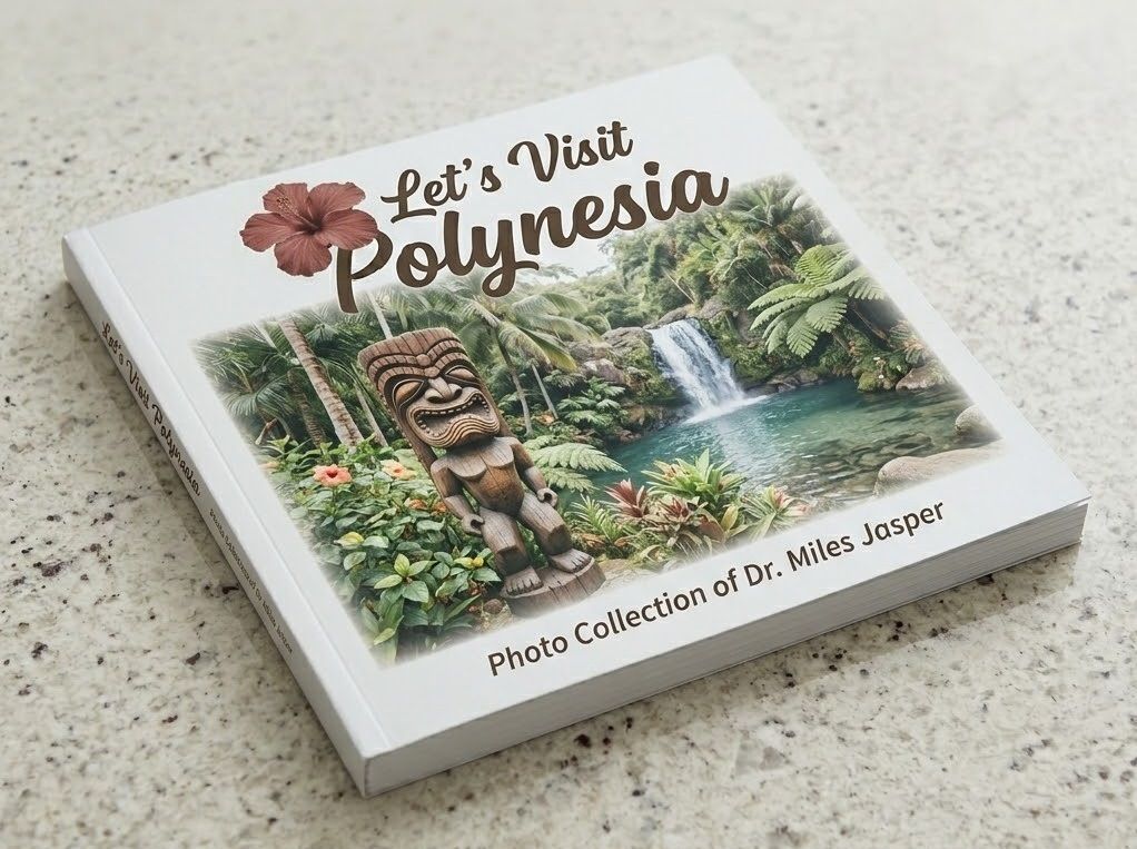 A photography book of the Polynesian Islands with a Matte Laminate applied to the cover lying on a granite counter.