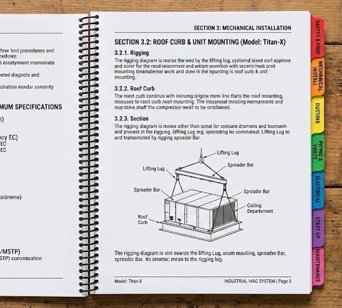 A Spiral Bound installation manual with colorful index tabs