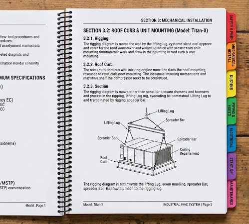 A Spiral Bound installation manuals with colorful index tabs.