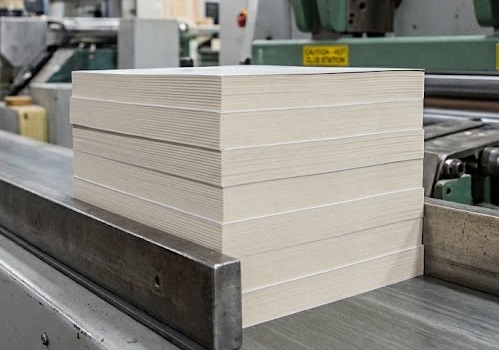 A stack of book blocks sitting on a perfect binding station.