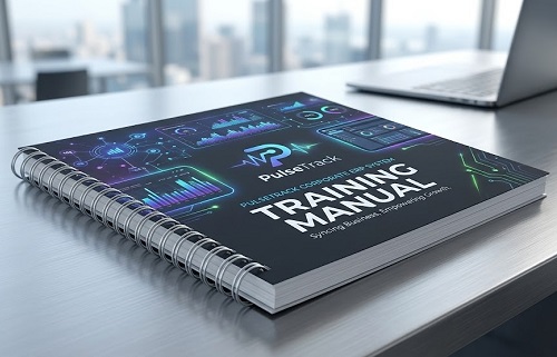 A wire-o bound training manual for a corporate ERP system sitting on a desk in an office. o