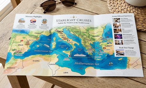 A open tri-fold brochure for Starlight Cruises showing the travel route through the Mediterranean Sea 