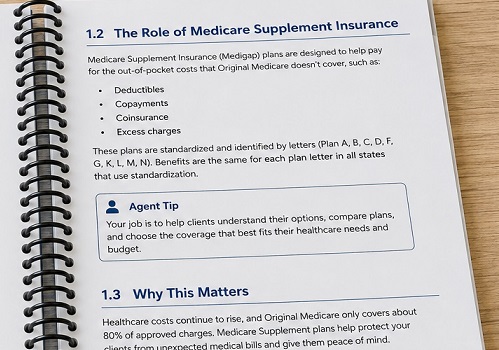 A spiral bound workbook for Medicare advisors lying open on a wooden desktop