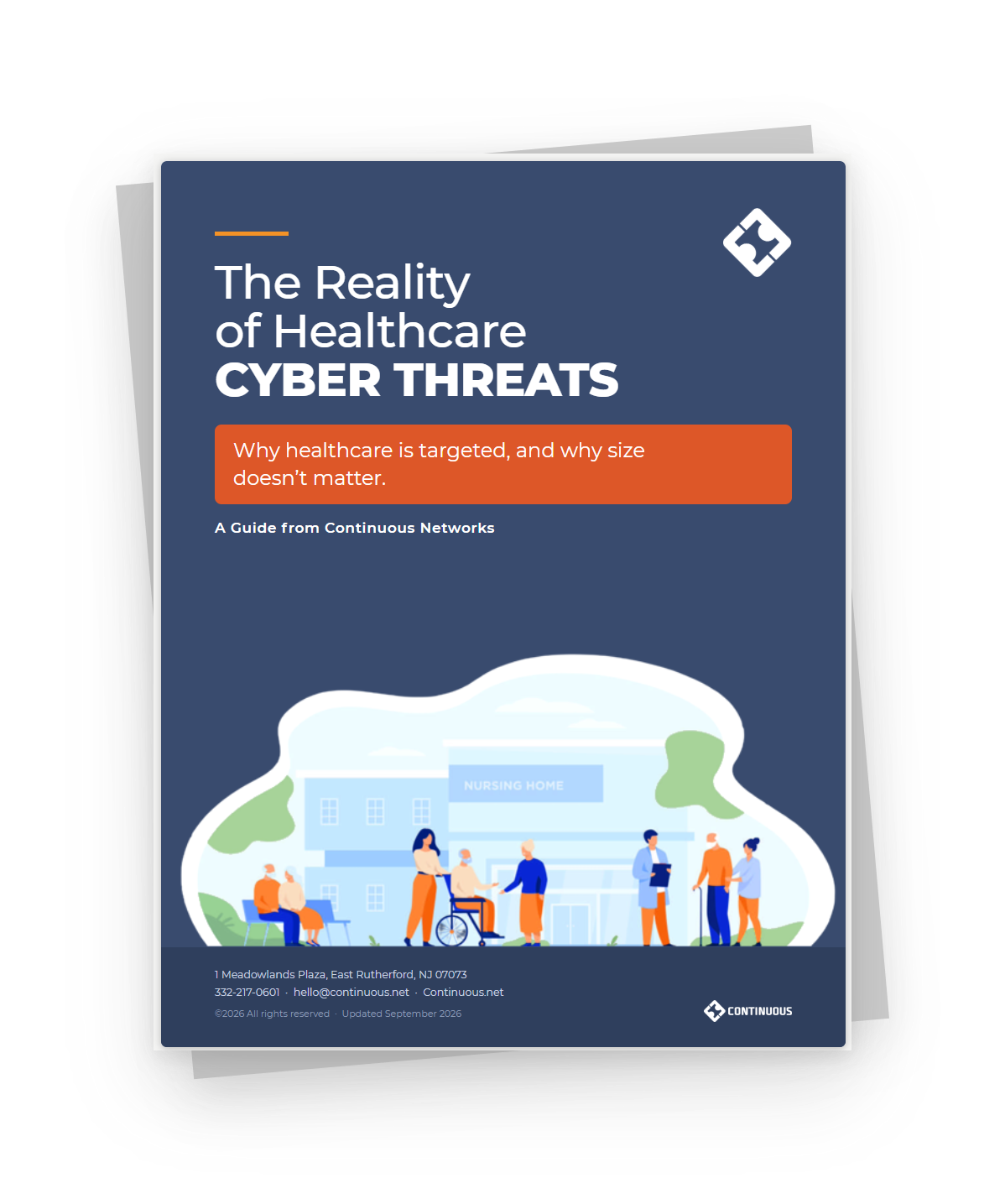 Cover page illustrating healthcare cyber threats with nursing home and healthcare workers interacting with elderly patients.