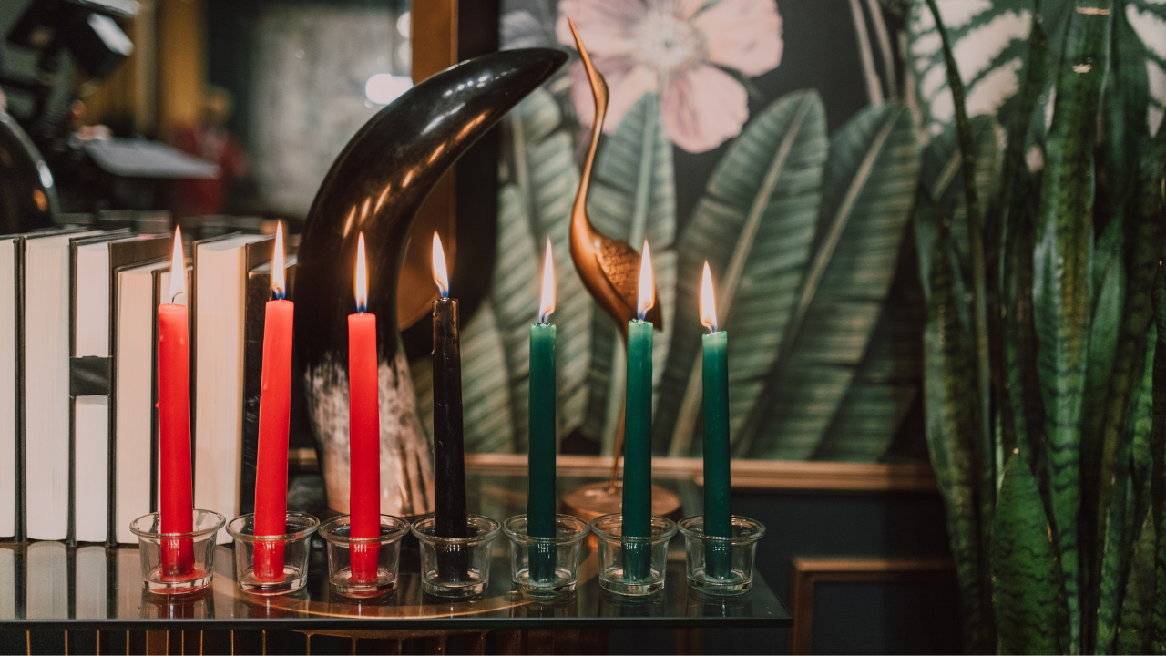 Kwanzaa candles on a mantle