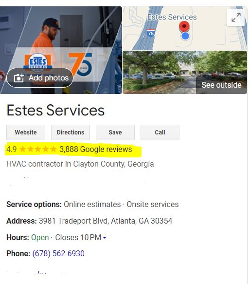 Estes Google My Business Profile with 4.9 Stars in GOOGLE Reviews