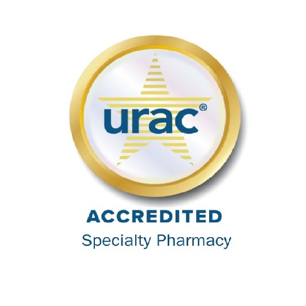 URAC accredited specialty pharmacy logo with gold star and blue text on white background.