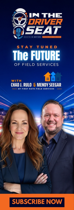 Promotional image for 'In The Driver Seat' podcast with hosts Chad J. Rulo and Mendy Seegar on field services future.