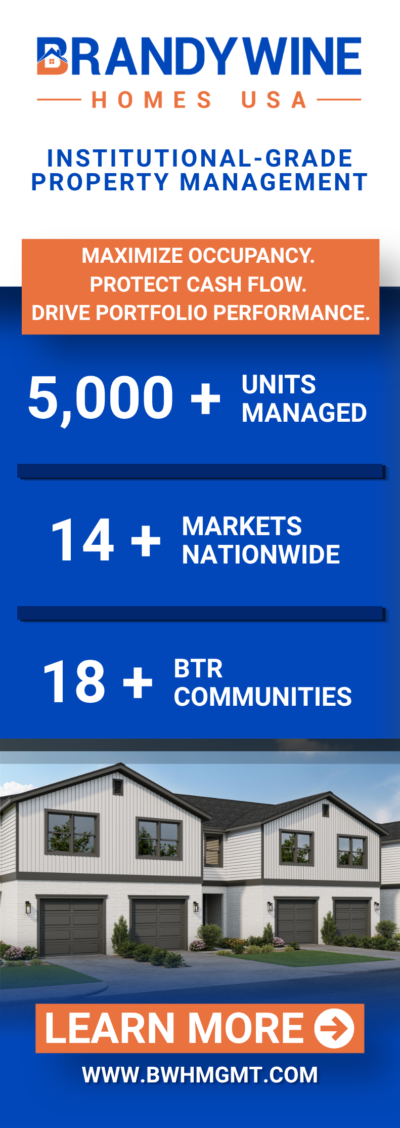 Brandywine Homes USA property management infographic highlighting 5,000+ units, 14+ markets, and 18+ BTR communities.