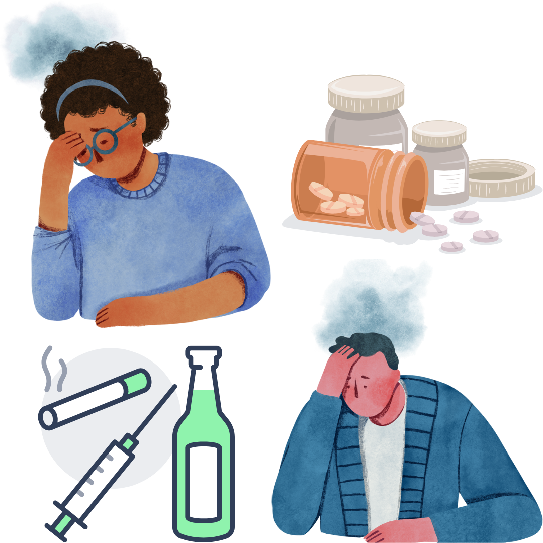 graphic of stressed man and woman and various drugs