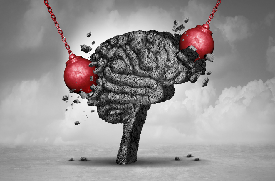 graphic of two wrecking balls hitting the brain