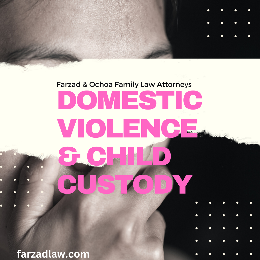 image of a woman with her hand over her face, her eyes covered by text of domestic violence and child custody