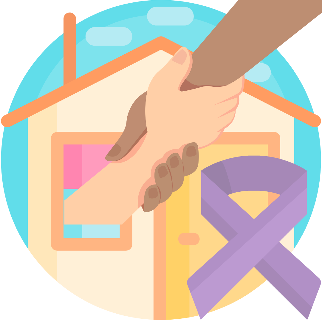 graphic of home, purple ribbon and one hand pulling another out of home
