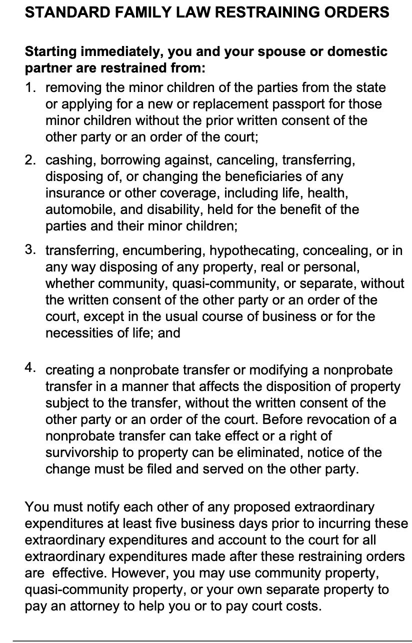 Standard family law restraining orders on the back of the summons