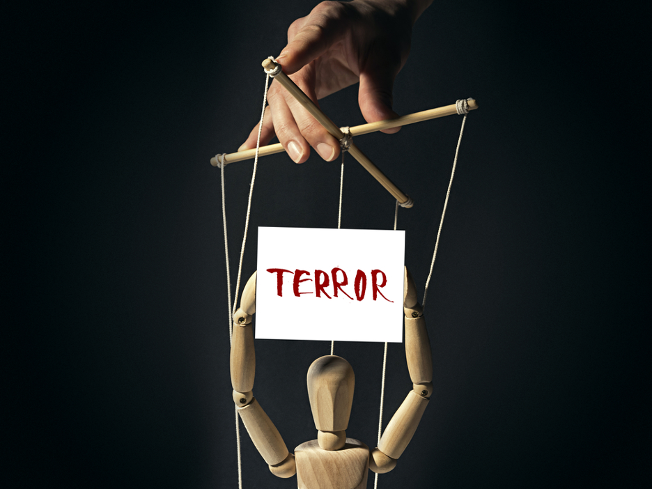 picture of hand holding puppet on string with puppet holding sign that reads terror