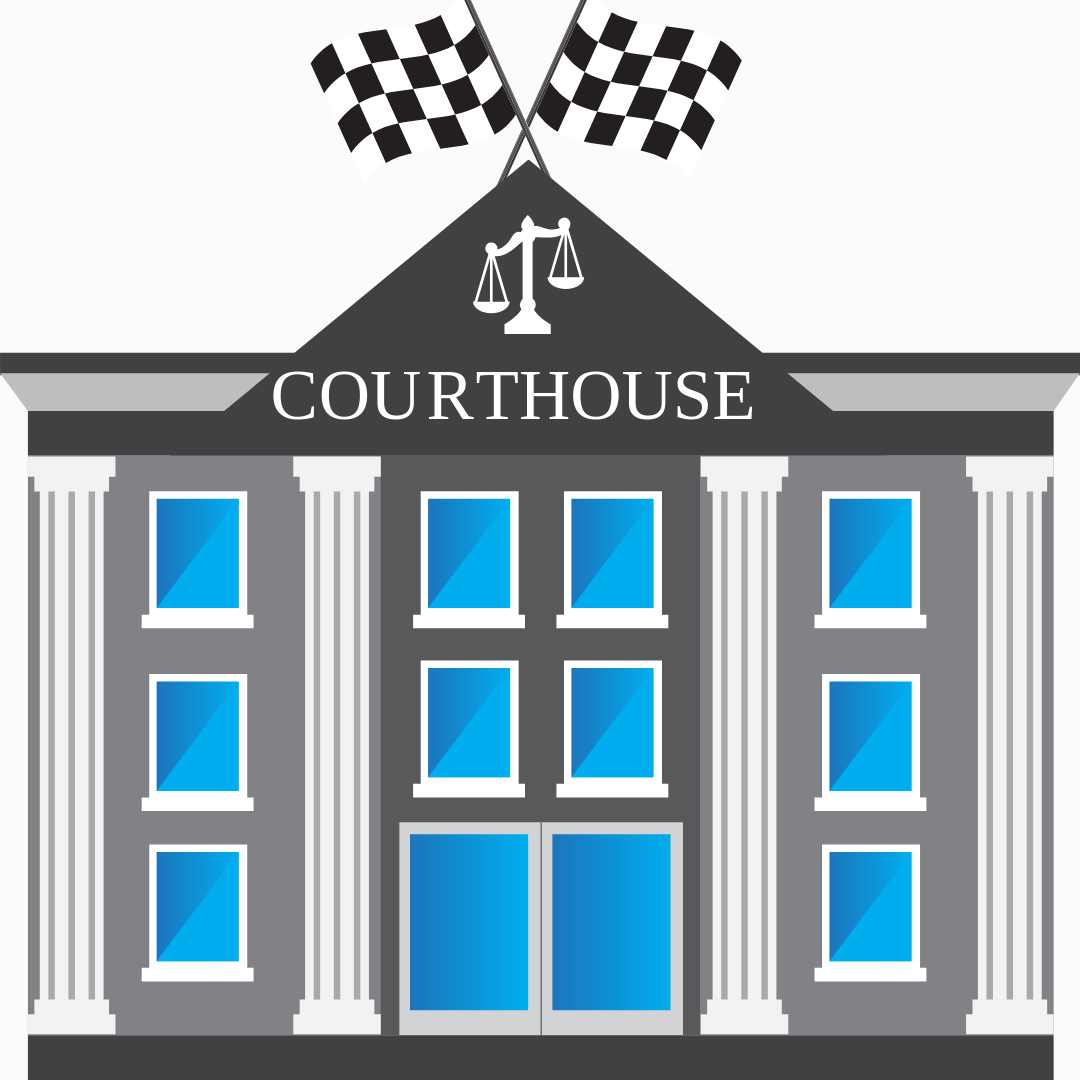 Graphic of a courthouse with racing flags on top of it