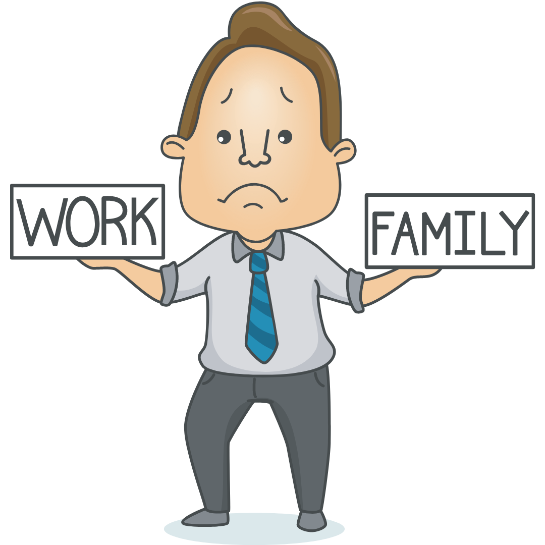 Graphic of man holding words work and family