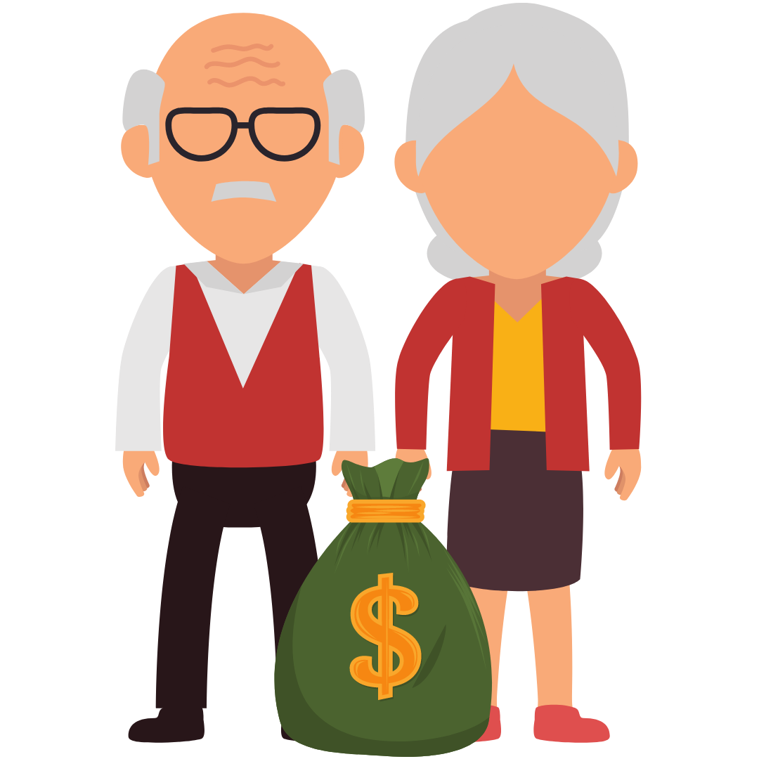 Graphic of elderly man and woman with money bag