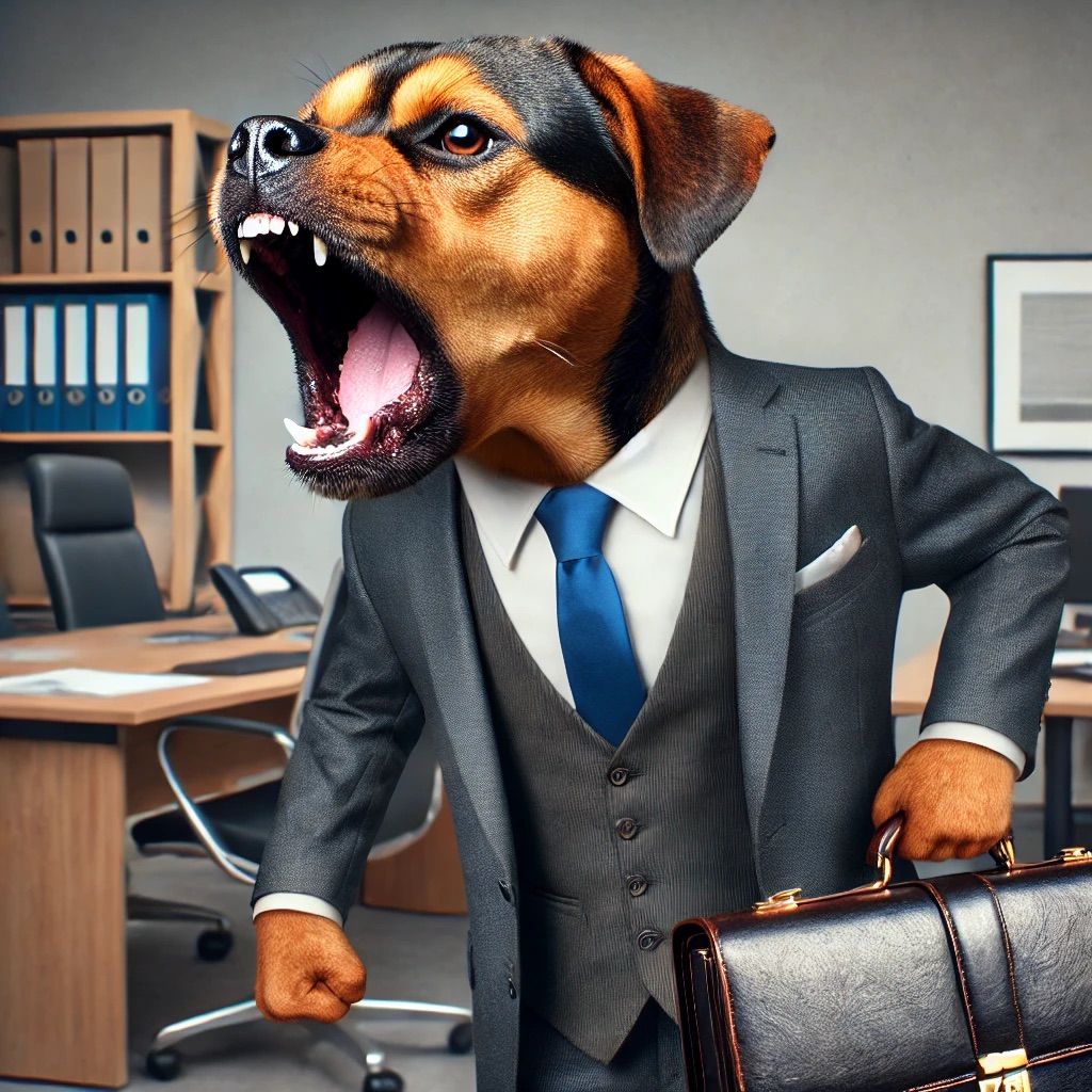 graphic of a dog wearing a suit and tie, carrying a briefcase, in an office, and barking.