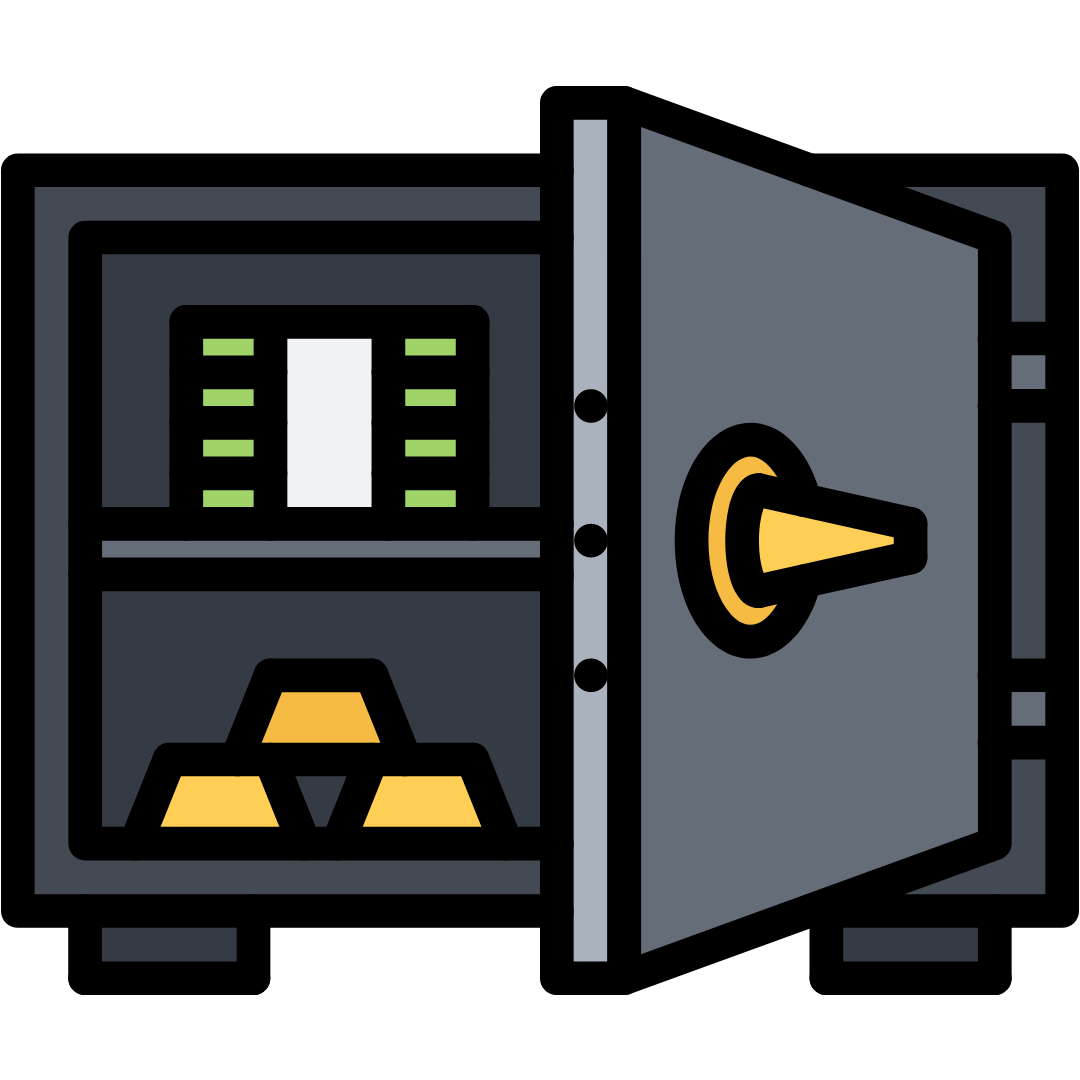 Graphic of a safe with cash and gold bars