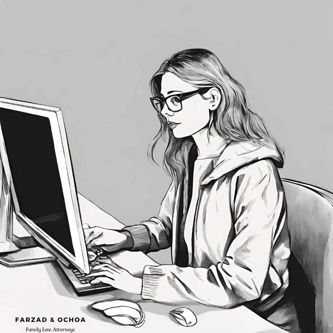 graphic of woman sitting at a desk and typing on a computer