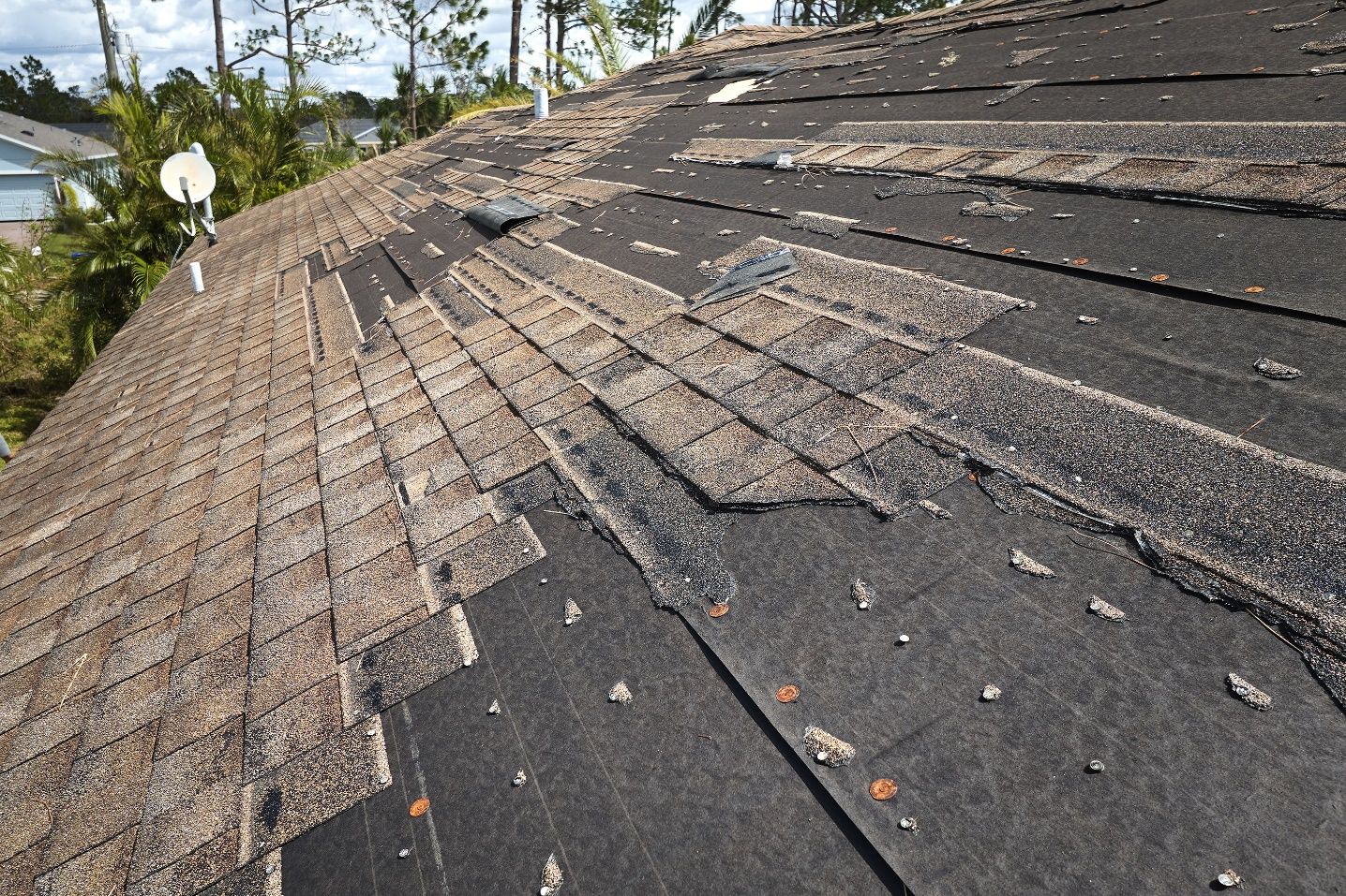 Brown roof shingles showing damage from storm
